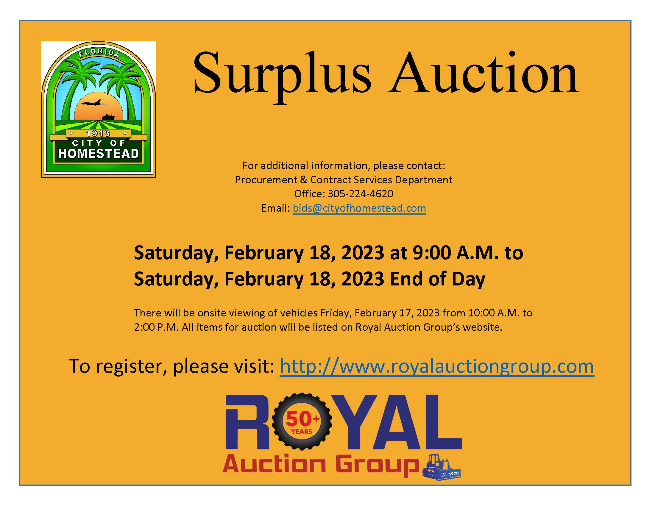 Flyer describing Surplus Auction on Saturday Feb. 18 2023 at 9 A.M.