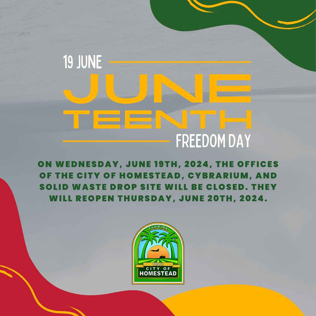Juneteenth closure graphic informing people about what will be closed. It has bright colors.