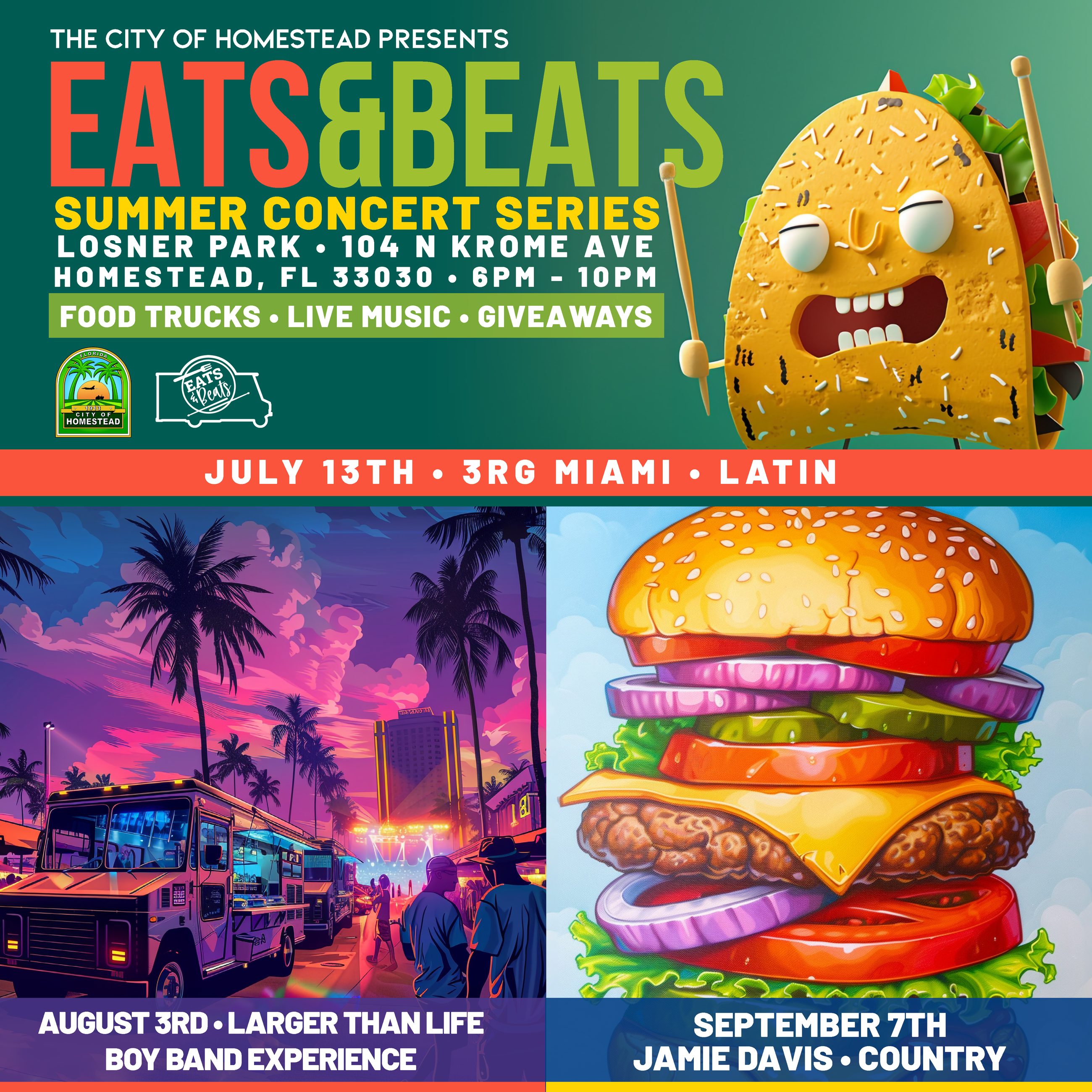 2024 Eats and Beats 1X1 - 3 Events English promo flyer with food on it.
