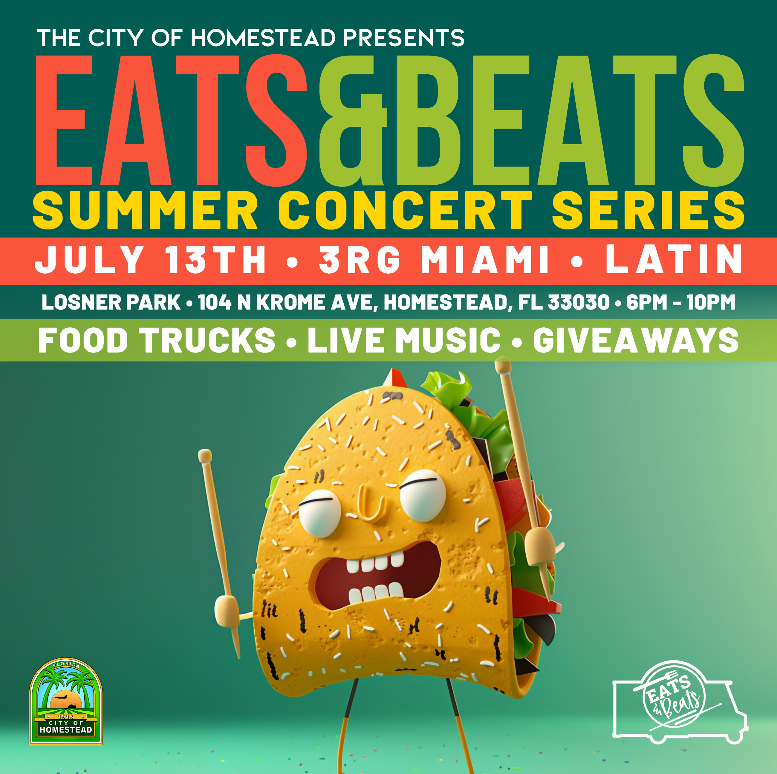 2024 Eats and Beats 1X1 - Eng promo flyer with food on it (taco).