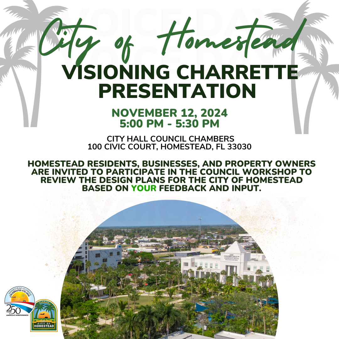 Visioning Charrette flyer with information on event palm trees and a picture of Losner Park