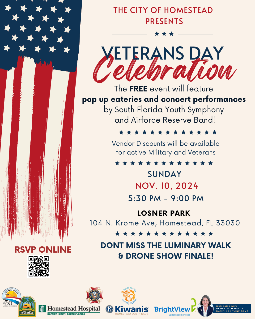 Veterans Day Flyer with information on event and details and an american flag