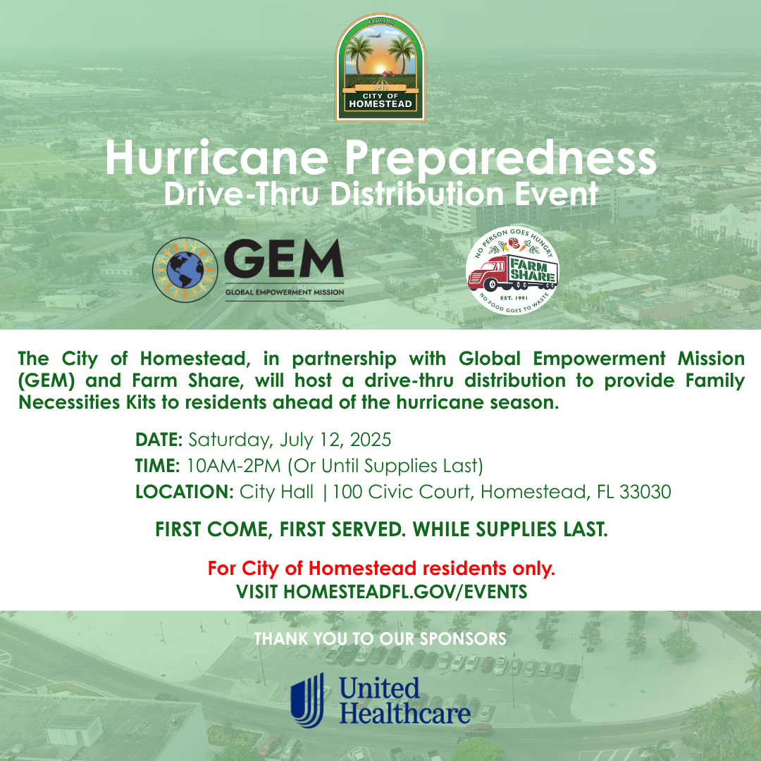 City of Homestead Hurricane Distribution flyer with drone shot of downtown of shops and food places.