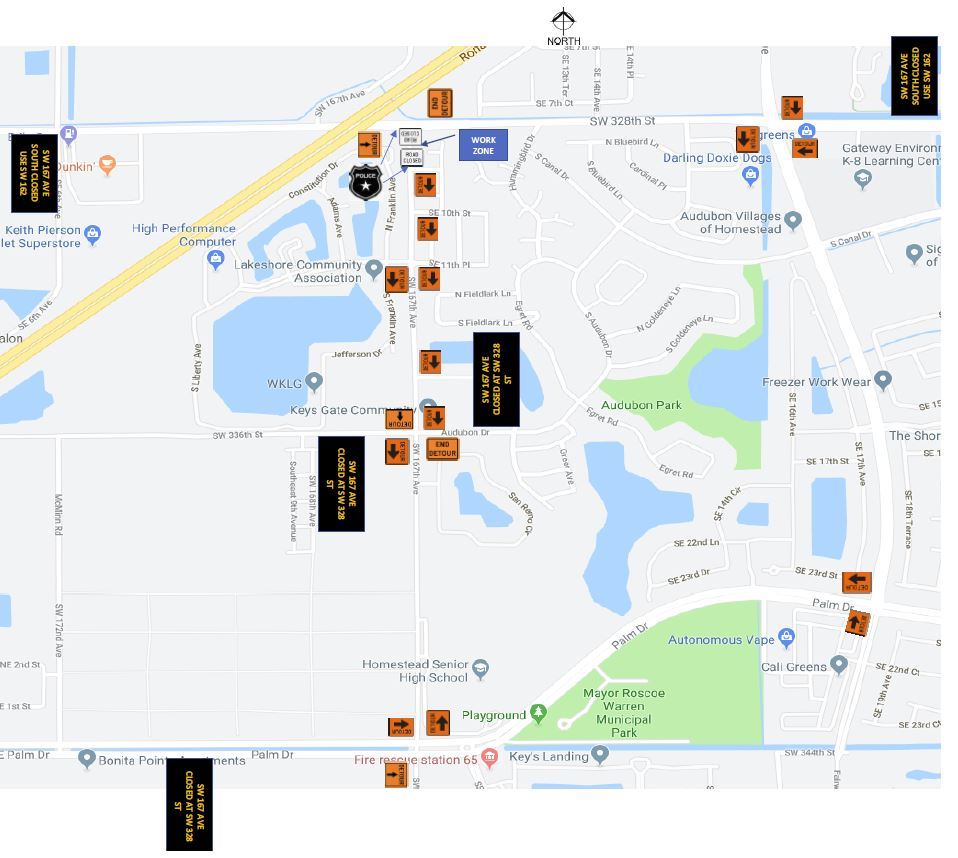 Southwest 167th Avenue Detour Map for March 9 through April 10, 2020